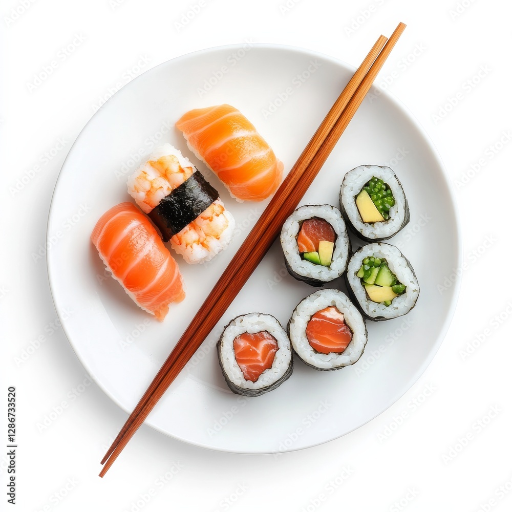 A Delicious Plate of Sushi Featuring Nigiri and Maki Rolls, Ready to Eat with Chopsticks on a White Background A Delicious Plate of Sushi Featuring Nigiri and Maki Rolls, Ready to Eat with Chopsticks on a White Background