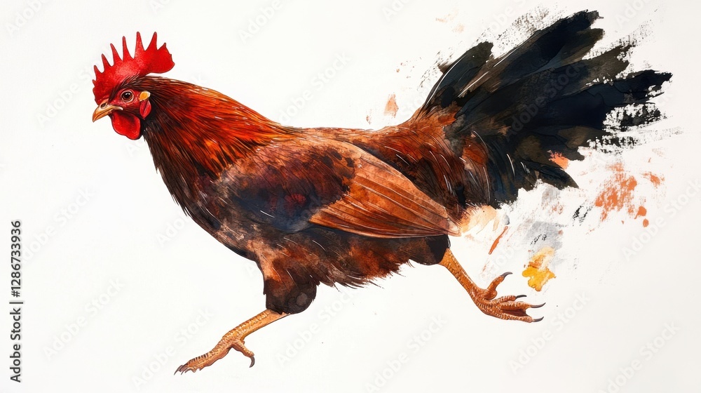 Fototapeta premium Confident brown hen in motion on white background