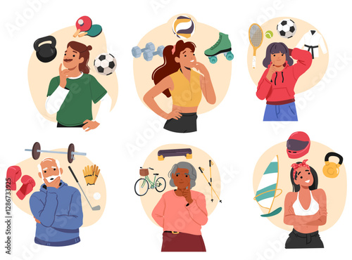 Diverse people characters of different ages looking for sport activity, interesting game recreation