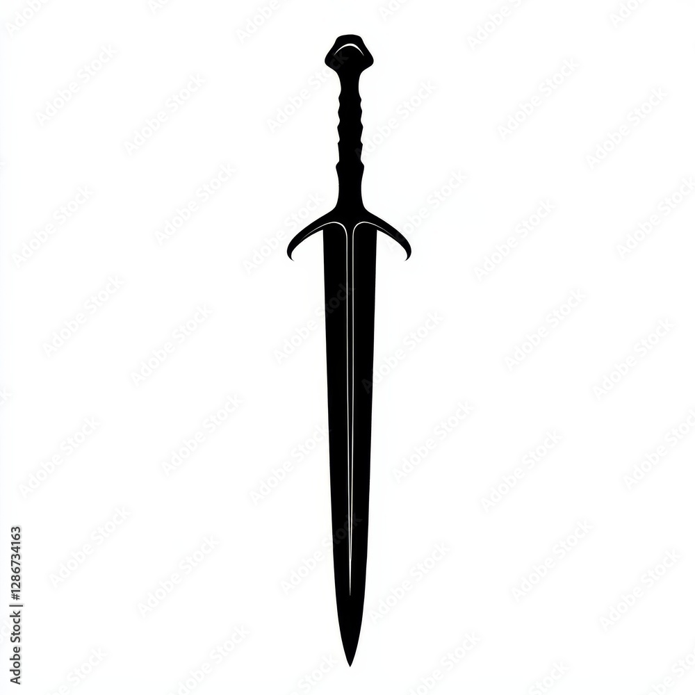 A Sleek Black Sword: An Elegant Silhouette of a Weapon, Symbolizing Power and Fantasy on a Clean White Background. A Sleek Black Sword: An Elegant Silhouette of a Weapon, Symbolizing Power and Fantasy on a Clean White Background.