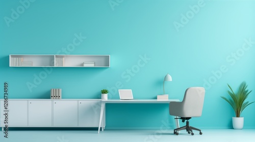 Empty office desk on the right, light cyan backgroundgenerative ai illustration