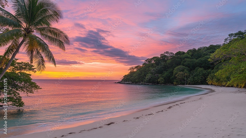 Vibrant sunset over a tropical beach with soft pink and orange skies Vibrant sunset over a tropical beach with soft pink and orange skies