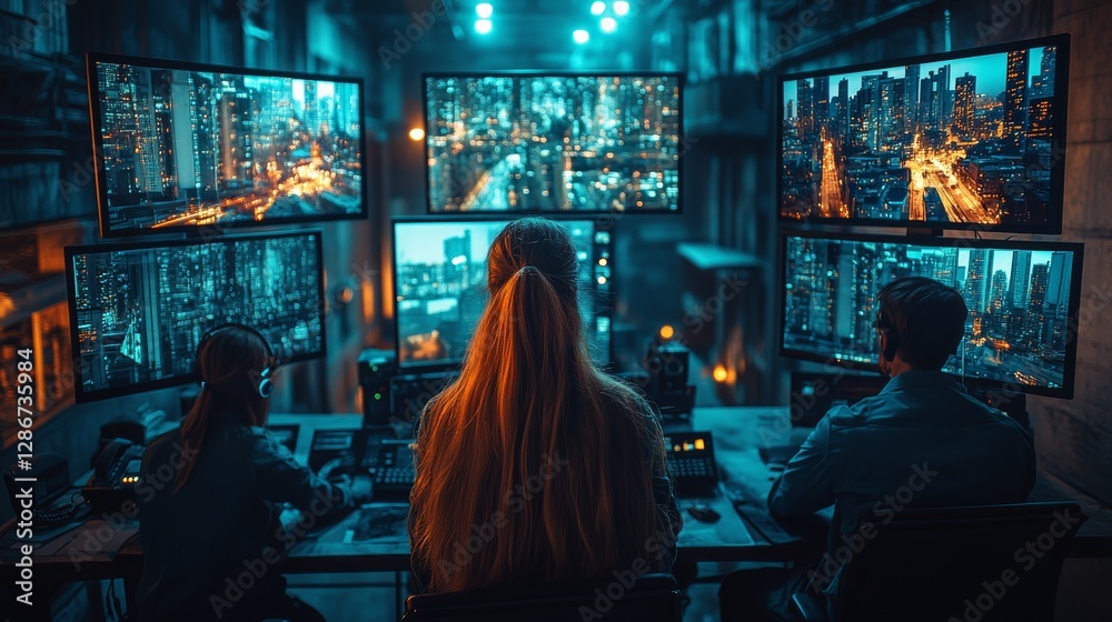 High-tech security control room with multiple screens displaying live video of buildings and streets. High-tech security control room with multiple screens displaying live video of buildings and streets.