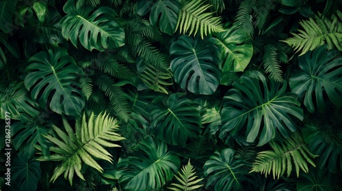 Lush, verdant tropical plant background, with fern and monstera leaves textures, a floral wallpaper.