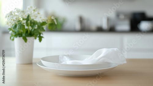 A inviting kitchen scene featuring stacked white plates and a linen napkin, accented by a potted plant, creating a serene dining atmosphere. photo