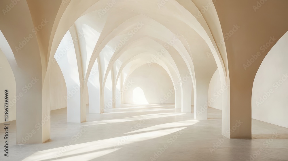 Obraz premium A serene, minimalist interior with elegant arches and soft natural light casting gentle shadows.