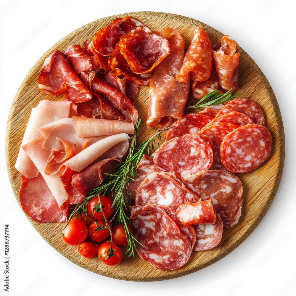 Charcuterie Board Delight: An Assortment of Cured Meats, Fresh Herbs, and Vibrant Cherry Tomatoes on Rustic Wooden Platter Charcuterie Board Delight: An Assortment of Cured Meats, Fresh Herbs, and Vibrant Cherry Tomatoes on Rustic Wooden Platter