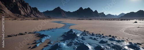 Viscous blue substance oozing across a barren, dark expanse, barren, blue substance
