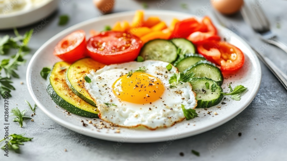 A vibrant breakfast plate featuring a sunny-side-up egg, fresh vegetables, and herbs for a wholesome start to the day. A vibrant breakfast plate featuring a sunny-side-up egg, fresh vegetables, and herbs for a wholesome start to the day.