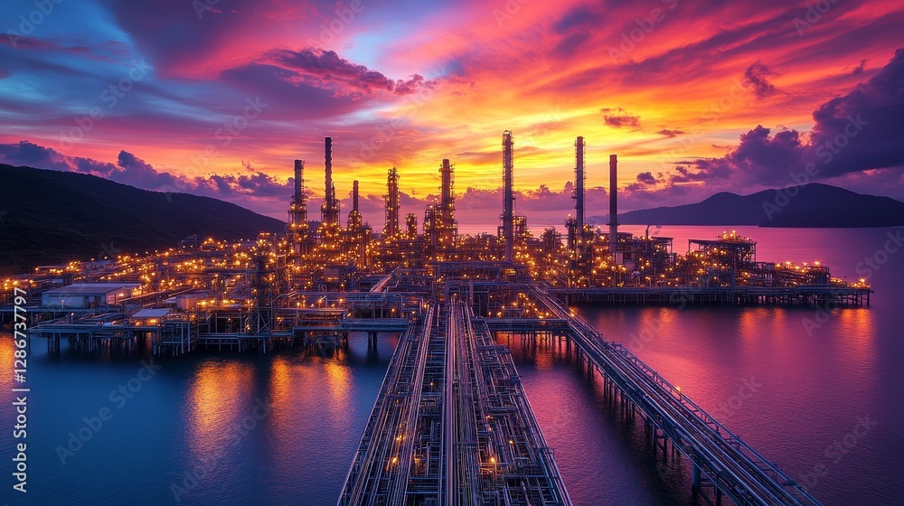 Fototapeta premium Oil and gas plant at sunset with a beautiful sky background. Industrial oil refinery in an industry park.