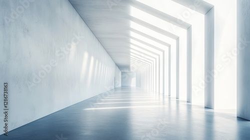 Wallpaper Mural A modern minimalist hallway featuring bright, white walls and soft light streaming through angled windows. Torontodigital.ca