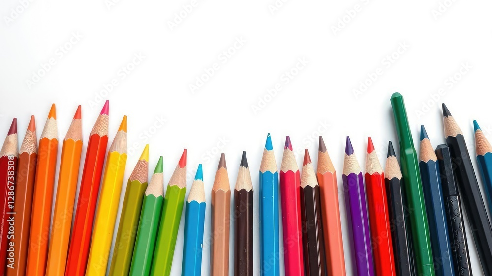 Vibrant set of pencil colors arranged neatly on a white background, shiny, drawing, white Vibrant set of pencil colors arranged neatly on a white background, shiny, drawing, white