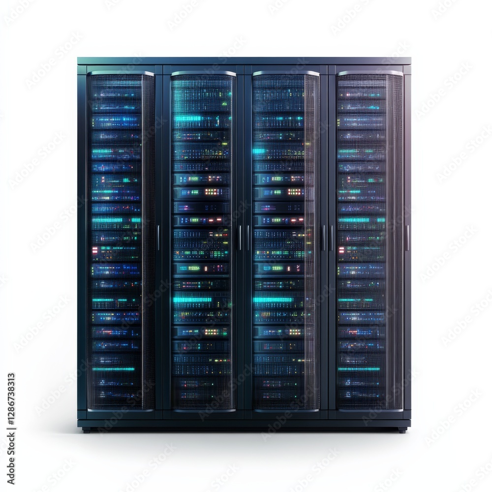 Data Center Powerhouse: A Gleaming Array of Server Racks Illuminating the Digital Age on a Clean White Backdrop Data Center Powerhouse: A Gleaming Array of Server Racks Illuminating the Digital Age on a Clean White Backdrop