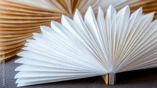 Unique fan-shaped arrangement of blank pages on a textured surface for artistic inspiration and creativity photo