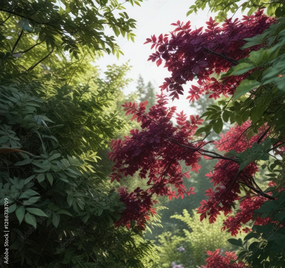 Vibrant green foliage with reddish-purple tint in late summer, botanicals, closeup photography, nandina domestica Vibrant green foliage with reddish-purple tint in late summer, botanicals, closeup photography, nandina domestica
