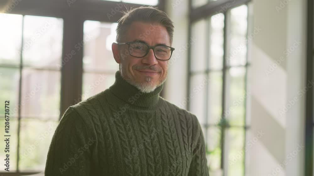 Middle-aged man wearing eyeglasses and pullover using smartphone by window. Businessman reading business news on phone at home. Portrait of happy mid adult, mature male smiling.