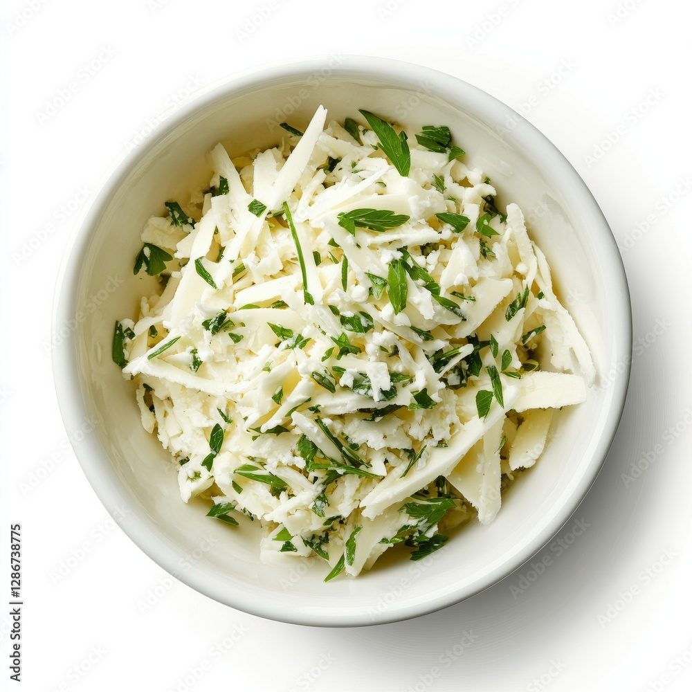 Delicious Cheese and Parsley Salad in a White Bowl, A Fresh and Simple Culinary Delight Ready to Serve Delicious Cheese and Parsley Salad in a White Bowl, A Fresh and Simple Culinary Delight Ready to Serve