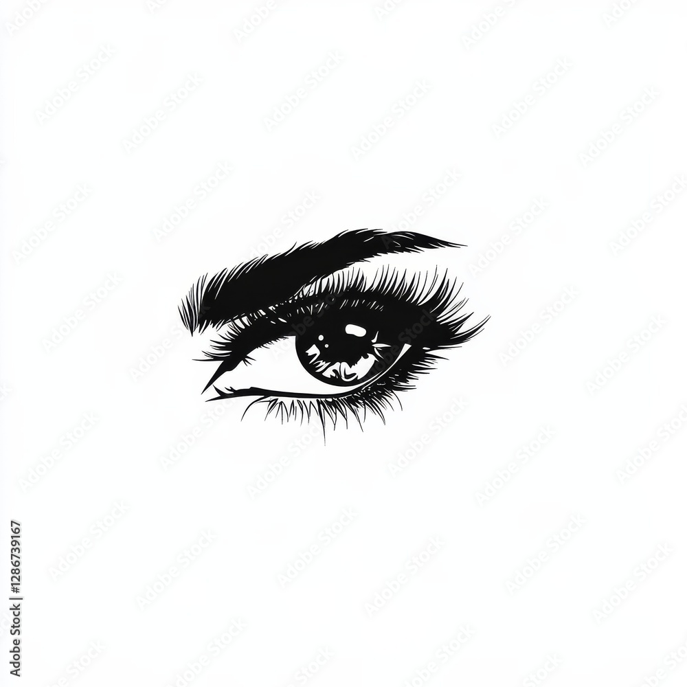 Detailed Artistic Black and White Eye Illustration with Long Lashes and Defined Eyebrow Detailed Artistic Black and White Eye Illustration with Long Lashes and Defined Eyebrow