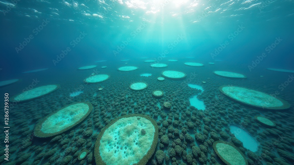 Fototapeta premium Underwater view of bleached coral reef with flat coral formations and clear ocean water 