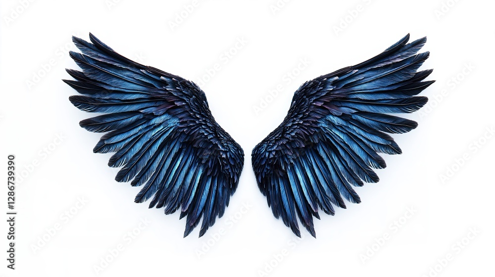 Obraz premium A pair of large, detailed wings, spread wide. The wings are predominantly blue and black, with a mix of shades and gradations. The feathers are meticulously depicted, showing texture and depth.
