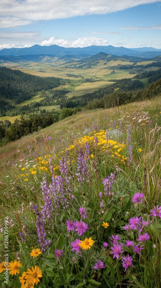 Fototapeta premium Breathtaking scenic view of wildflowers blooming on a mountainside with lush green valley and blue sky background