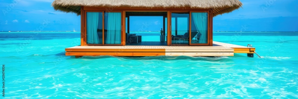 Obraz premium Turquoise sea waves gently lapping against the overwater bungalow's glass windows, seclusion, natural beauty