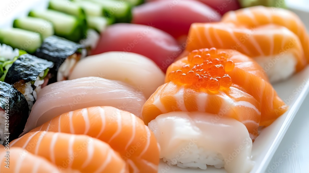 A beautifully arranged platter of sushi showcasing various types, colors, and textures, perfect for dining A beautifully arranged platter of sushi showcasing various types, colors, and textures, perfect for dining