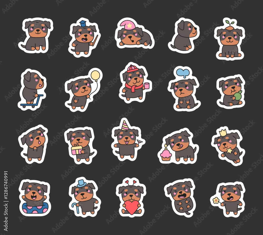 Rottweiler set with adorable cartoon kawaii characters expressing various emotions, holding accessories, enjoying food, wearing hats, playing, and interacting in cute and charming poses Rottweiler set with adorable cartoon kawaii characters expressing various emotions, holding accessories, enjoying food, wearing hats, playing, and interacting in cute and charming poses