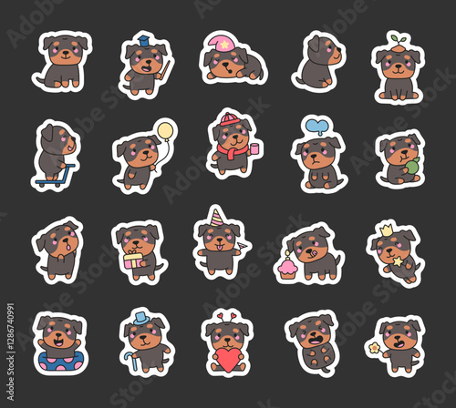 Rottweiler set with adorable cartoon kawaii characters expressing various emotions, holding accessories, enjoying food, wearing hats, playing, and interacting in cute and charming poses