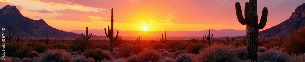 Obraz premium Desert landscape with Saguaro cactus and Arizona sunrise, , desert