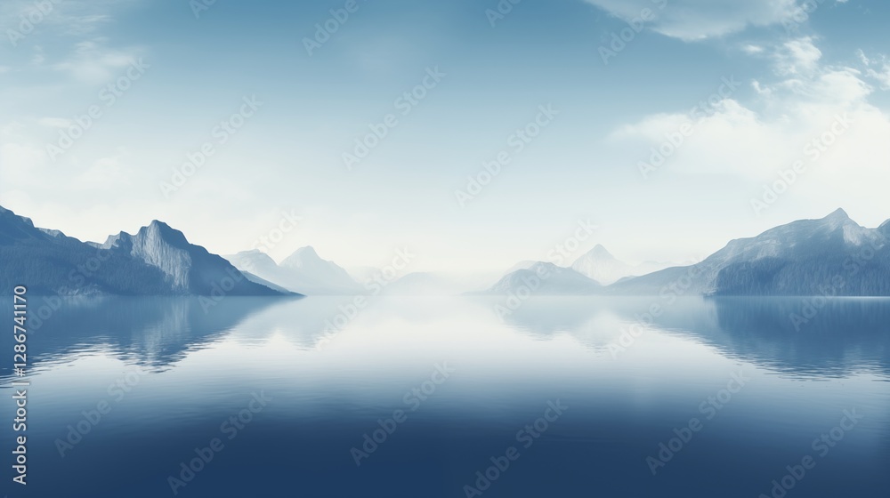 A serene mountain lake reflecting the sky, right empty space, soft blue background,generative ai illustration A serene mountain lake reflecting the sky, right empty space, soft blue background,generative ai illustration