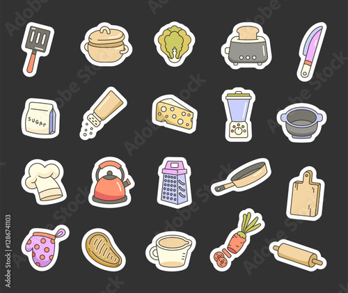 Kitchen cooking set with cute outline illustration of utensils, cookware, appliances, and food items for meal preparation, baking, and culinary fun at home for yours creative project.
