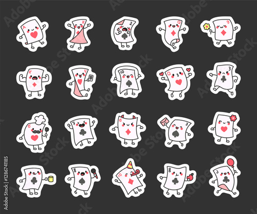 Adorable playing card set with cute kawaii characters showing different emotions, accessories, and activities in a fun cartoon style for games, decoration