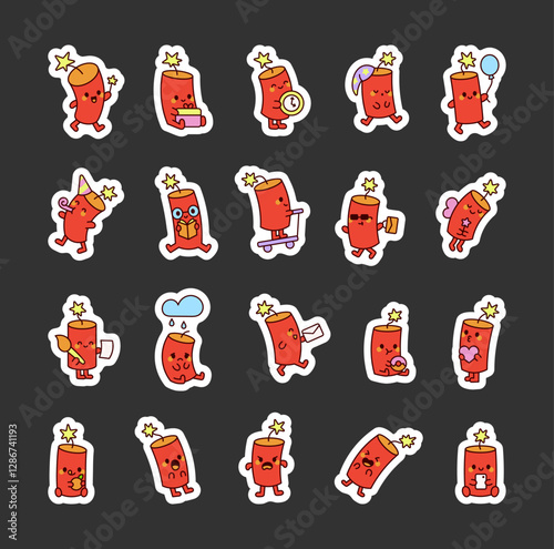 Dynamite cute kawaii cartoon character set showcasing fun emotions and actions, including celebrating with a party hat, reading a book, riding a scooter, sleeping with a nightcap, and more.