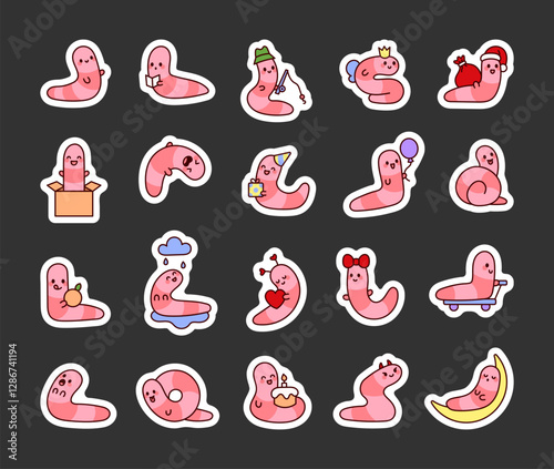 Adorable worm character set showcasing cheerful emotions, playful activities, festive celebrations, exciting adventures, and delightful expressions in a charming cute kawaii cartoon style.