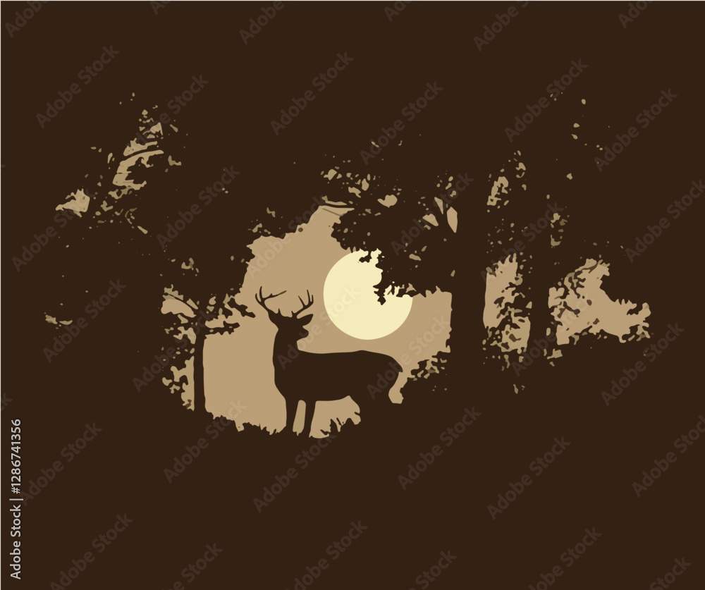 A buck deer stands in an opening in the forest at sunset in this illustration image in brown and golden colors. Also could be sunrise morning image. A buck deer stands in an opening in the forest at sunset in this illustration image in brown and golden colors. Also could be sunrise morning image.