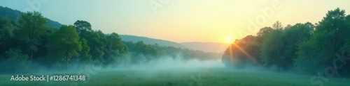 A tranquil forest landscape at dawn with mist rising from the ground and trees in shades of green against a pale blue sky, dawn light, peaceful atmosphere, tree foliage