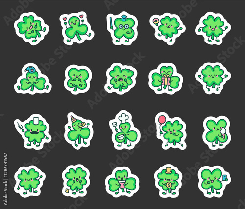 Adorable clover plant character set featuring a variety of emotions and fun accessories, including laughing, tasty donut, angry mood, gift surprise, meditation pose.