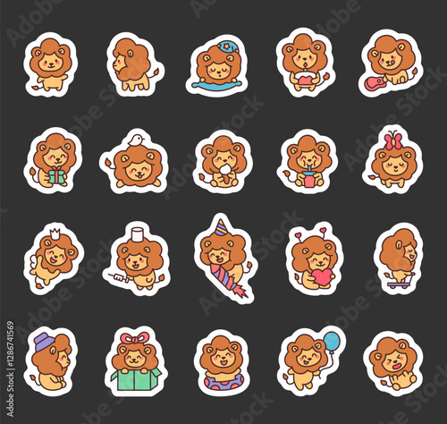 Adorable lion character set featuring cute kawaii celebrating birthday, holding gifts, balloons, wearing hats, and enjoying heartwarming moments in a charming cartoon style