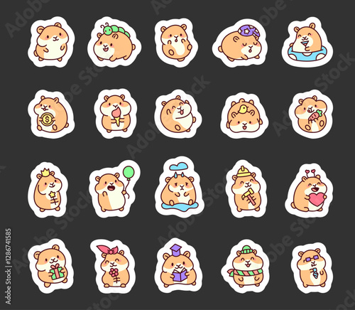 Adorable hamster pet animal set featuring cute kawaii cartoon characters with various emotions, accessories, and fun activities like eating, drinking, celebrating, and reading