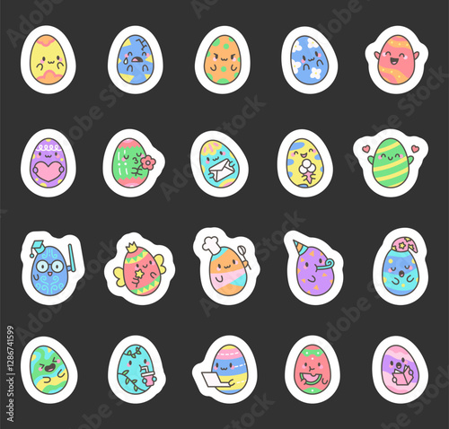 Adorable easter egg holiday set with cute kawaii cartoon characters for celebration and decoration including emotions, food, drinks, gifts, magic, learning, sleeping, and laughing