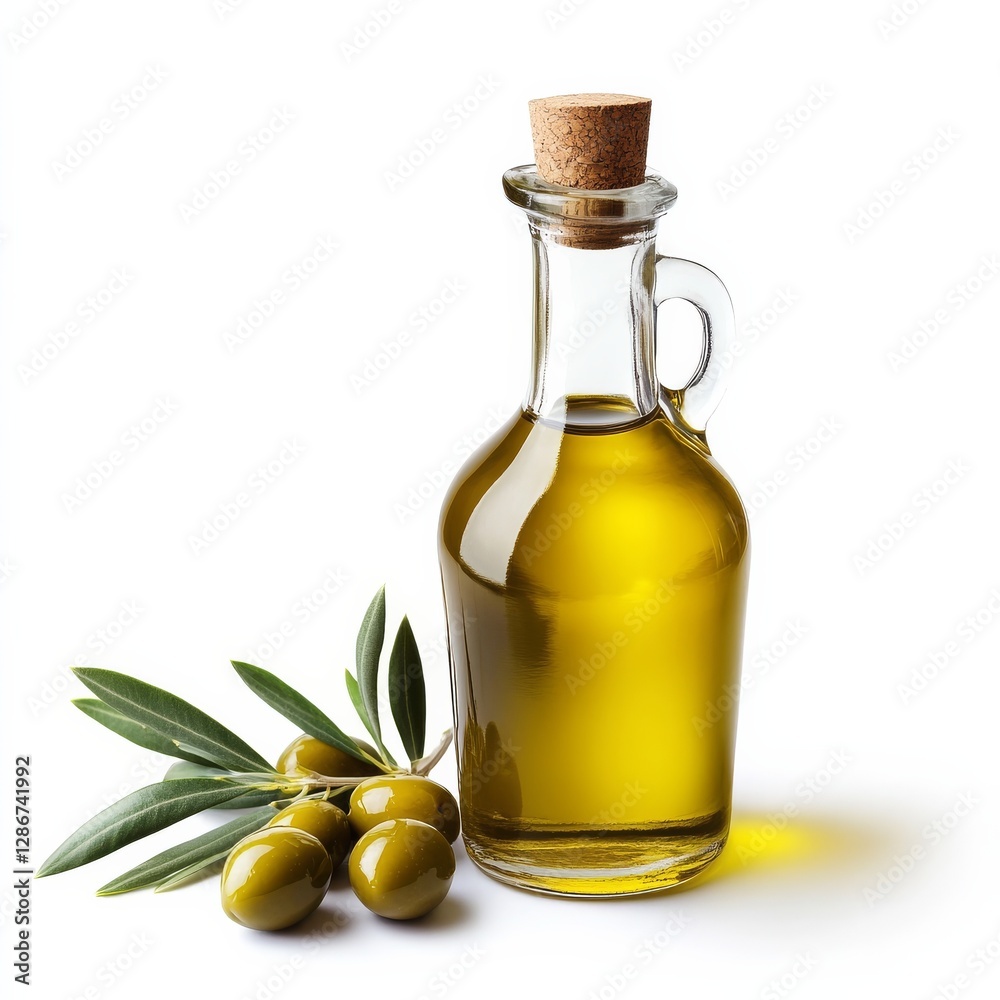 Glass bottle filled with olive oil and fresh olives with leaves isolated on white background, a taste of healthy Mediterranean cuisine. Glass bottle filled with olive oil and fresh olives with leaves isolated on white background, a taste of healthy Mediterranean cuisine.