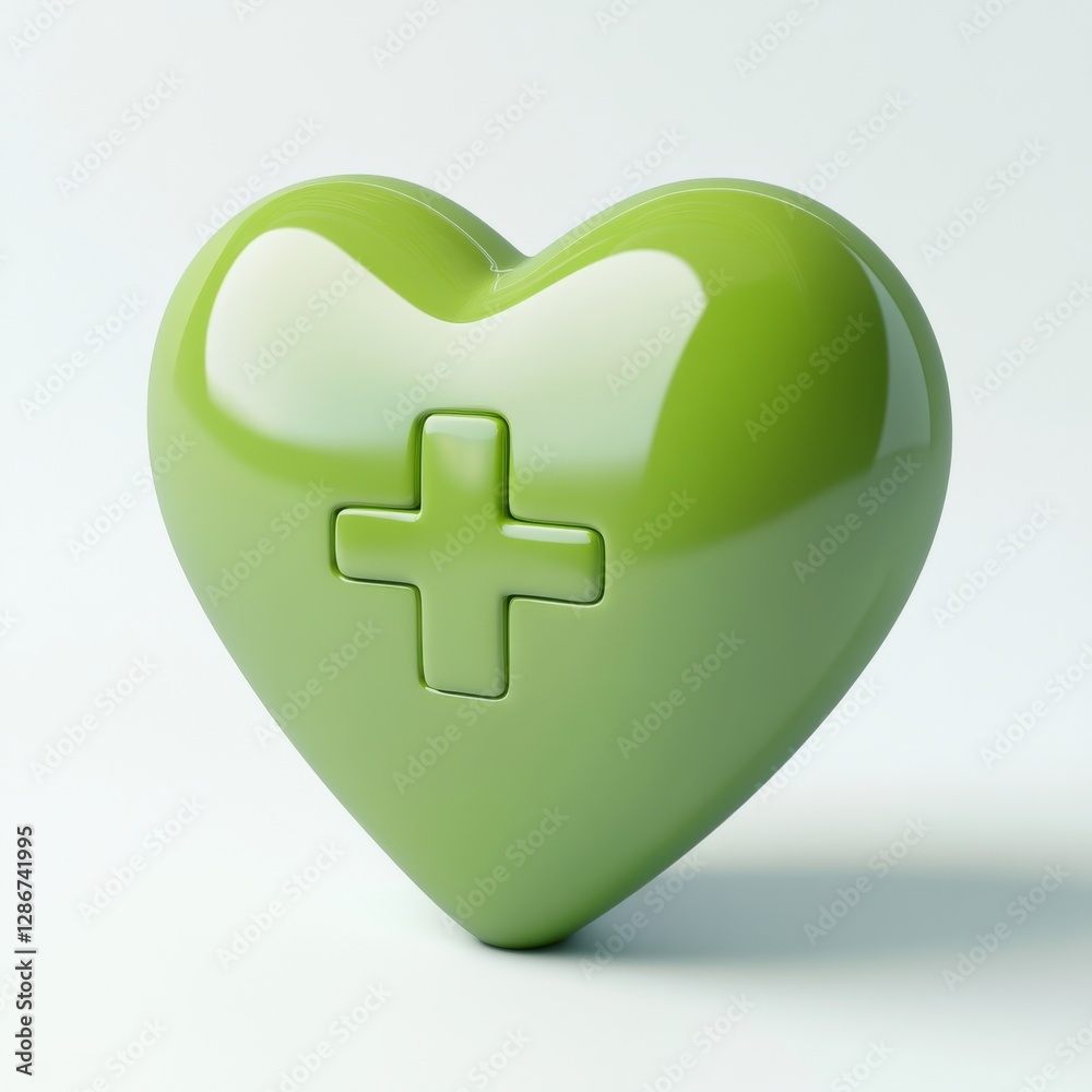 Glossy Green Heart with a Plus Sign: Symbolizing Health, Medicine, Care, and Well-being in a Minimalist Design