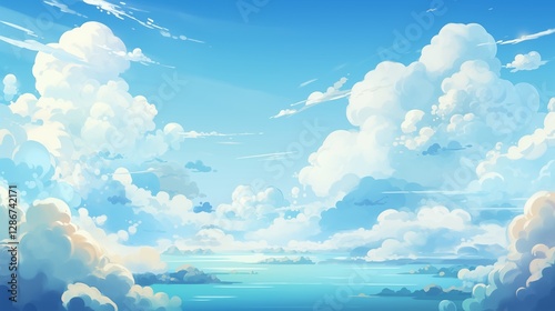 A vast sky filled with fluffy clouds over a field, right empty space, light sky-blue background,generative ai illustration