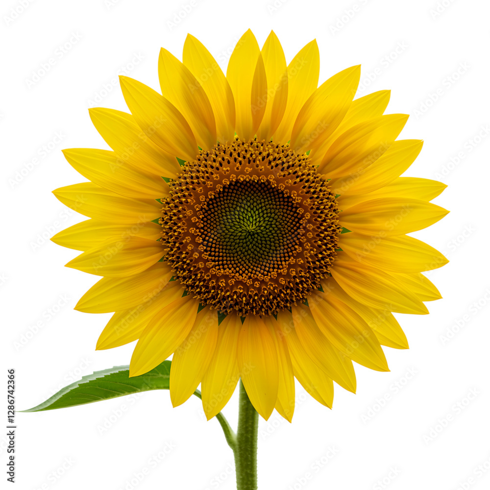 Fototapeta premium Yellow sunflower with detailed petals and intricate center pattern, isolated on a white background.