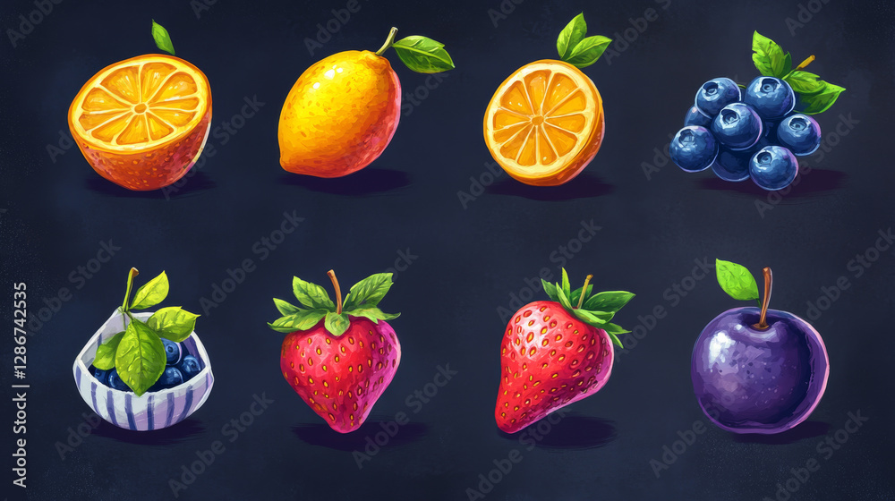 Fruit and berries icons for ui mobile game or casino slot machine. Vector cartoon set of food symbols, blueberry, orange, plum, strawberry, lemon and pear with white stripes Fruit and berries icons for ui mobile game or casino slot machine. Vector cartoon set of food symbols, blueberry, orange, plum, strawberry, lemon and pear with white stripes