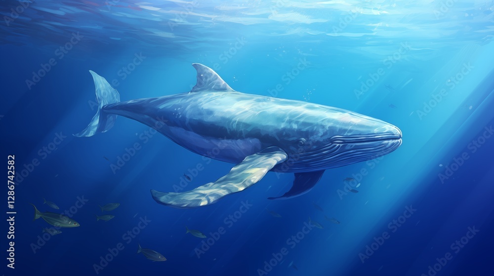 A whale swimming gracefully in deep blue water, left empty space, light sea green background,generative ai illustration A whale swimming gracefully in deep blue water, left empty space, light sea green background,generative ai illustration