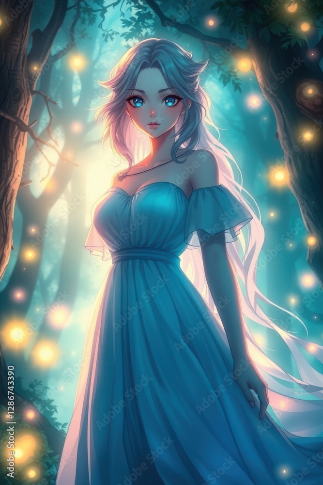 Fototapeta premium Anime girl in a flowing blue dress, surrounded by a magical forest with ethereal lights. Dreamy ambiance.