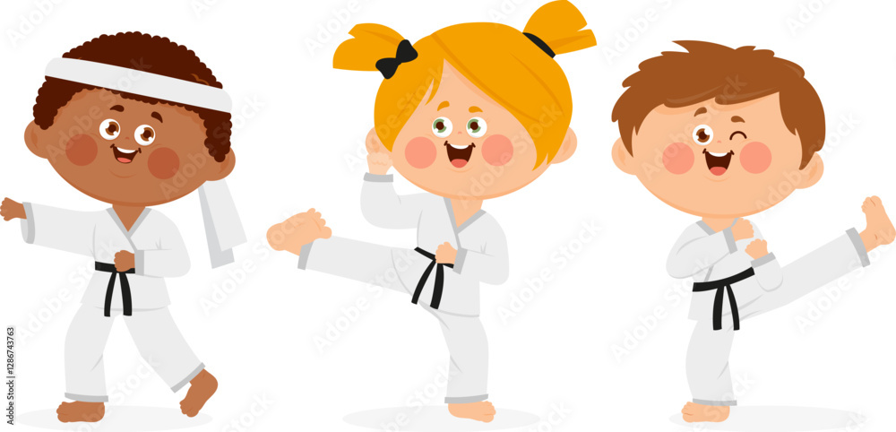 Martial arts children. Happy children training, girl and boys karate athletes in martial arts uniforms. Karate, Taekwondo, judo, jujitsu, kickboxing, or kung fu suits. Vector illustration Martial arts children. Happy children training, girl and boys karate athletes in martial arts uniforms. Karate, Taekwondo, judo, jujitsu, kickboxing, or kung fu suits. Vector illustration