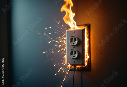 electrical outlet short circuit sparks fire hazard indoors, smoke and flames rising